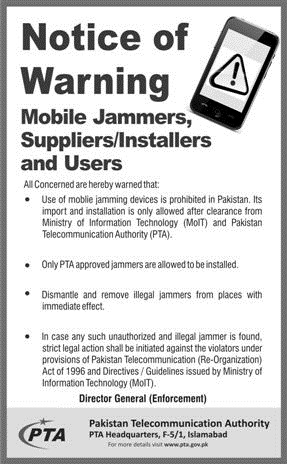 PTA Illegal Mobile Phone Jammers Notice